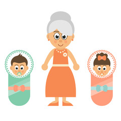 cartoon little baby girl and boy and grandmother