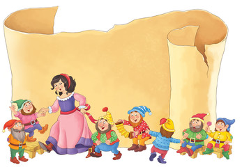 Snow White and the seven dwarfs. Fairy tale. Cute princess and dwarfs dancing. Old vintage paper