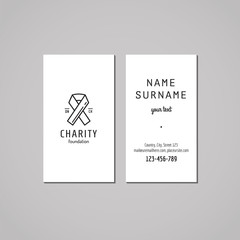 Donations and charity business card design. Logo with ribbon.