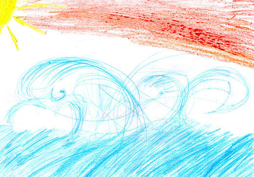 Child's drawing of a sea sun clouds sunset sunrise