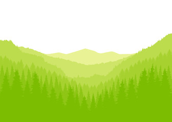Fototapeta premium Eco banner. Panorama of mountains. Valley(canyon). Three peaks. Green shades.