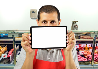 butcher with tablet