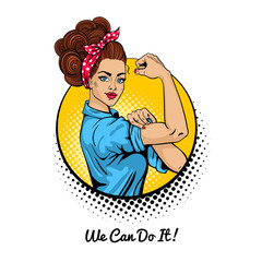 We Can Do It. Pop art sexy strong girl in a circle on white background. Classical american symbol of female power, woman rights, protest, feminism. Vector colorful illustration in retro comic style. - 137908247