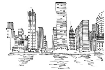 New York Skyline. Black and white vector sketch.