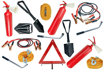 Elements of the essentials for a passenger car. Danger Safety Warning Triangle Sign, towing rope, fire extinguisher, Jumper cable, wheel wrench and shovel.