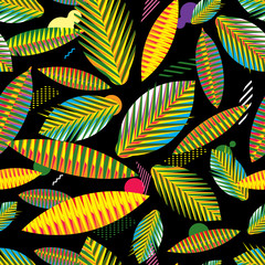 seamless pattern, abstract geometric tropical leaves on black background