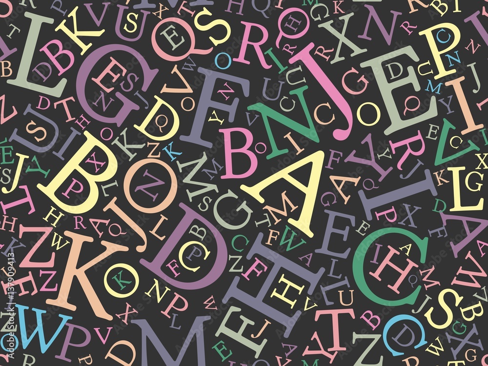 Poster seamless background pattern mosaic of multicolored letters on dark blackboard background. simple fla