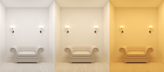  3d image which displays the color temperature difference of various lights. cold, neutral and warm shades comparisons. - obrazy, fototapety, plakaty