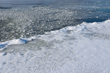 Landscape with winter river Dnepr divided by thick and thin ice at January