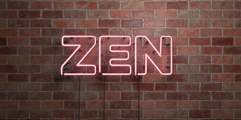 ZEN - fluorescent Neon tube Sign on brickwork - Front view - 3D rendered royalty free stock picture. Can be used for online banner ads and direct mailers..