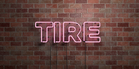 TIRE - fluorescent Neon tube Sign on brickwork - Front view - 3D rendered royalty free stock picture. Can be used for online banner ads and direct mailers..