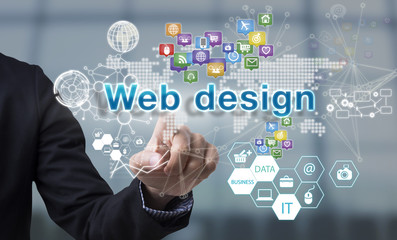 Businessman hand chooses web design wording on interface screen. internet technology service concept. can used for cover page presentation and web banner.