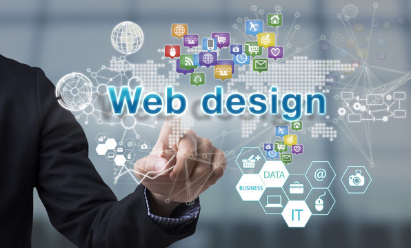 Businessman hand chooses web design wording on interface screen. internet technology service concept. can used for cover page presentation and web banner.