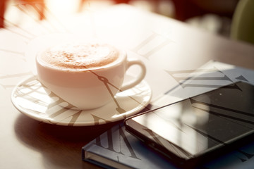 Double exposure of coffee cup with clock face