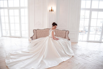 Fototapeta premium portrait of beautiful brunette bride with elegant hairstyle and makeup wearing long luxury wedding dress