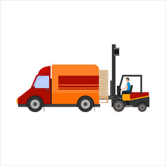 Warehouse illustration of loader truck loading cardboard boxes