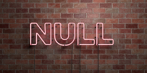 Fototapeta na wymiar NULL - fluorescent Neon tube Sign on brickwork - Front view - 3D rendered royalty free stock picture. Can be used for online banner ads and direct mailers..