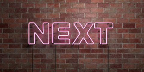 NEXT - fluorescent Neon tube Sign on brickwork - Front view - 3D rendered royalty free stock picture. Can be used for online banner ads and direct mailers..