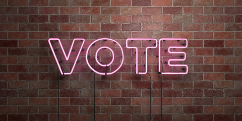 VOTE - fluorescent Neon tube Sign on brickwork - Front view - 3D rendered royalty free stock picture. Can be used for online banner ads and direct mailers..