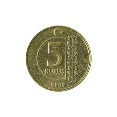 5 turkish kurus coin (2009) obverse isolated on white background