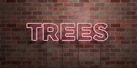 Fototapeta na wymiar TREES - fluorescent Neon tube Sign on brickwork - Front view - 3D rendered royalty free stock picture. Can be used for online banner ads and direct mailers..