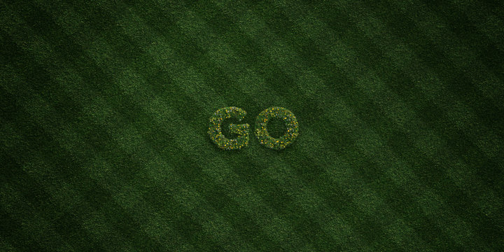 GO - fresh Grass letters with flowers and dandelions - 3D rendered royalty free stock image. Can be used for online banner ads and direct mailers..