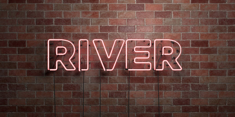 RIVER - fluorescent Neon tube Sign on brickwork - Front view - 3D rendered royalty free stock picture. Can be used for online banner ads and direct mailers..
