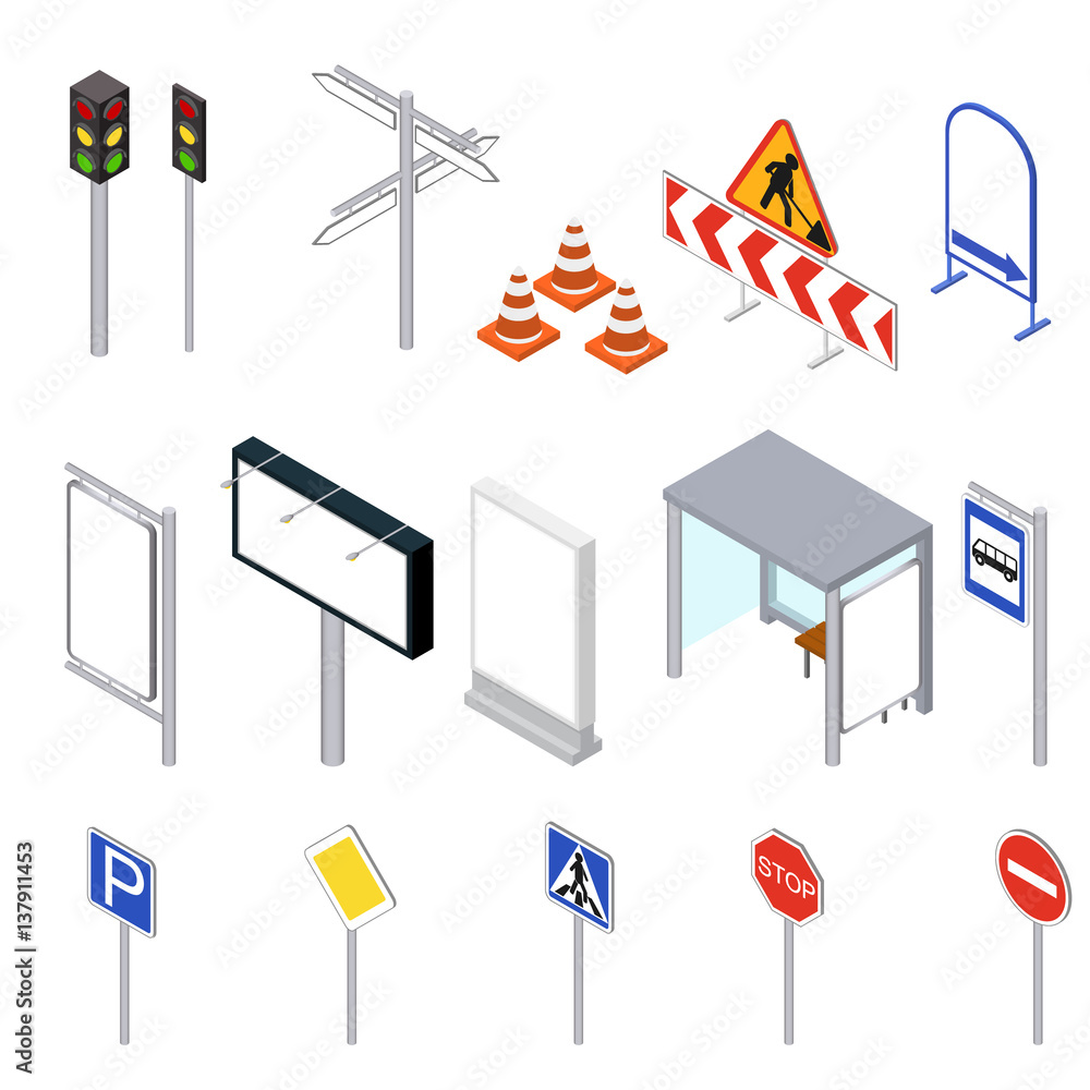 Poster street objects set isometric view. vector
