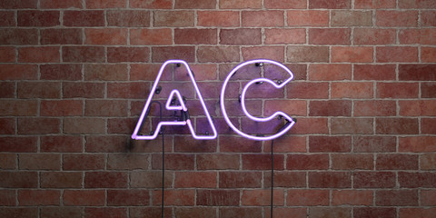 AC - fluorescent Neon tube Sign on brickwork - Front view - 3D rendered royalty free stock picture. Can be used for online banner ads and direct mailers..