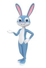 Happy Easter bunny isolated on a white background indicates hand at the empty space. 3d render illustration.