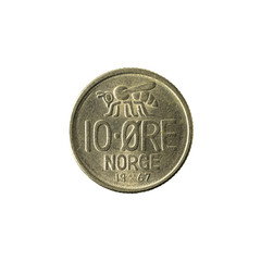 10 norwegian oere coin (1967) obverse isolated on white background