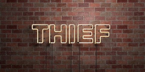 Fototapeta premium THIEF - fluorescent Neon tube Sign on brickwork - Front view - 3D rendered royalty free stock picture. Can be used for online banner ads and direct mailers..