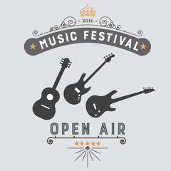 The emblem of the music festival. Logo music event. Musical instrument with an inscription and a place for text.