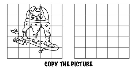 Copy the picture. Crazy alien monster. An educational, fun activity for children to help improve their drawing skills.