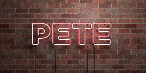 PETE - fluorescent Neon tube Sign on brickwork - Front view - 3D rendered royalty free stock picture. Can be used for online banner ads and direct mailers..