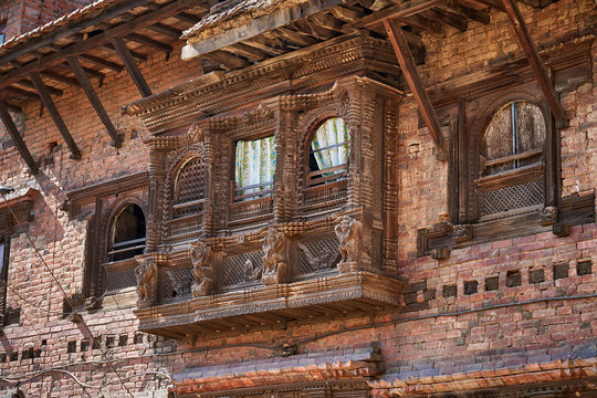 Traditional newar window with wooden carvings in Kirtipur, Nepal