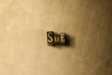 SUE - close-up of grungy vintage typeset word on metal backdrop. Royalty free stock illustration.  Can be used for online banner ads and direct mail.