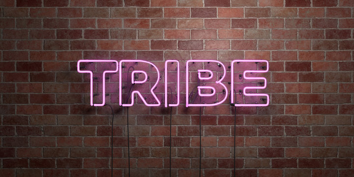 TRIBE - fluorescent Neon tube Sign on brickwork - Front view - 3D rendered royalty free stock picture. Can be used for online banner ads and direct mailers..