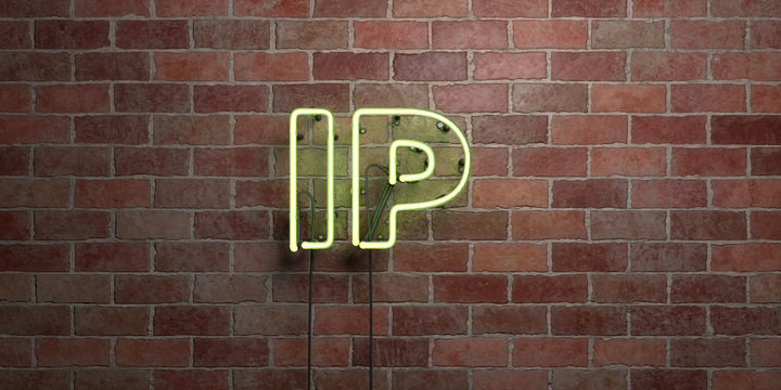 IP - fluorescent Neon tube Sign on brickwork - Front view - 3D rendered royalty free stock picture. Can be used for online banner ads and direct mailers..