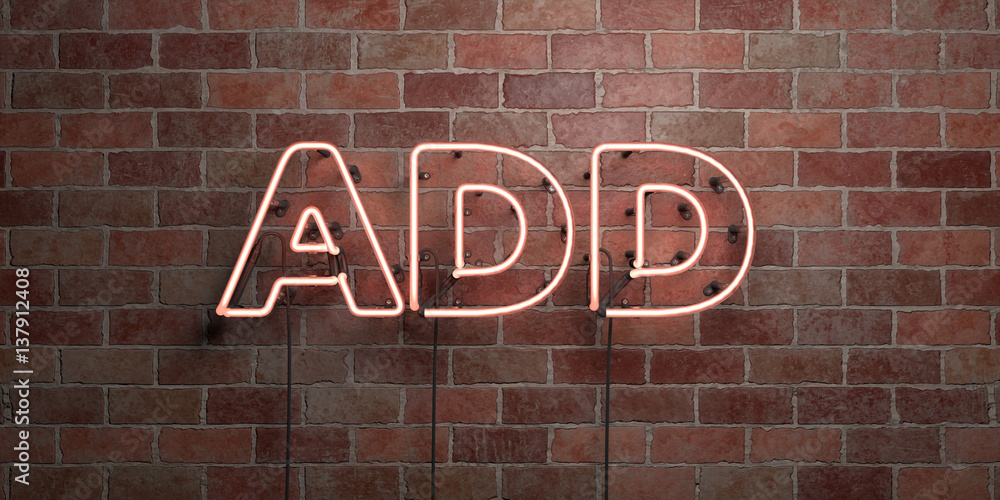 Fototapete ADD - fluorescent Neon tube Sign on brickwork - Front view - 3D rendered royalty free stock picture. Can be used for online banner ads and direct mailers..