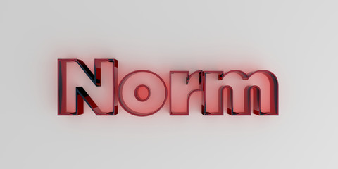 Norm - Red glass text on white background - 3D rendered royalty free stock image.