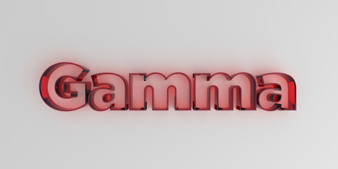 Gamma - Red glass text on white background - 3D rendered royalty free stock image.