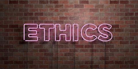ETHICS - fluorescent Neon tube Sign on brickwork - Front view - 3D rendered royalty free stock picture. Can be used for online banner ads and direct mailers..