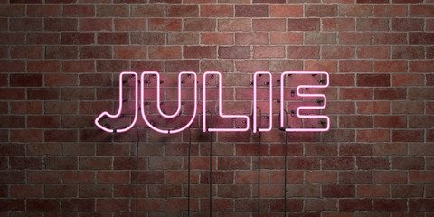 Fototapeta premium JULIE - fluorescent Neon tube Sign on brickwork - Front view - 3D rendered royalty free stock picture. Can be used for online banner ads and direct mailers..