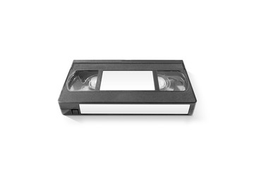 Blank video cassette tape mockup with white stickers, isolated, front view. Clear vhs cassete case design mock up. Retro tv videotape template. Analog movie casette box copy with label