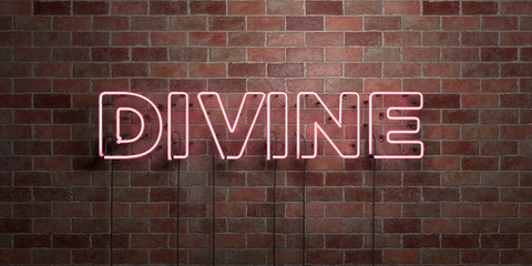 DIVINE - fluorescent Neon tube Sign on brickwork - Front view - 3D rendered royalty free stock picture. Can be used for online banner ads and direct mailers..