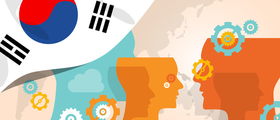 South Korea concept of thinking growing innovation discuss country future brain storming under different view represented with heads gears and flag