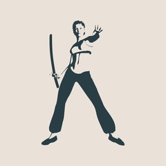 Kung Fu martial art silhouette of woman in sword fight Kung Fu pose