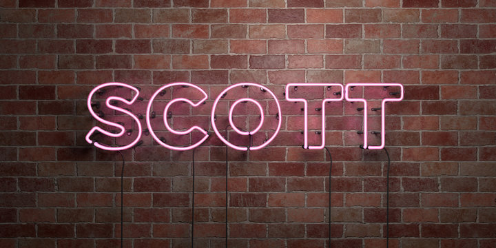 SCOTT - fluorescent Neon tube Sign on brickwork - Front view - 3D rendered royalty free stock picture. Can be used for online banner ads and direct mailers..