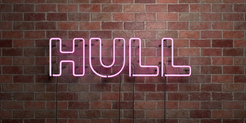 HULL - fluorescent Neon tube Sign on brickwork - Front view - 3D rendered royalty free stock picture. Can be used for online banner ads and direct mailers..